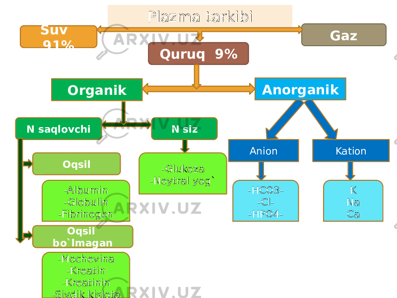 Plazma tarkibi Suv 91% Gaz Quruq 9% Organik Anorganik N sizN saqlovchi Oqsil bo`lmagan Oqsil Kation Anion -Albumin -Globulin -Fibrinogen -Mochevina -Kreatin -Kreatinin -Siydik kislota -HCO3- -Cl- -HPO4- K Na Ca-Glukoza -Neytral yog` 