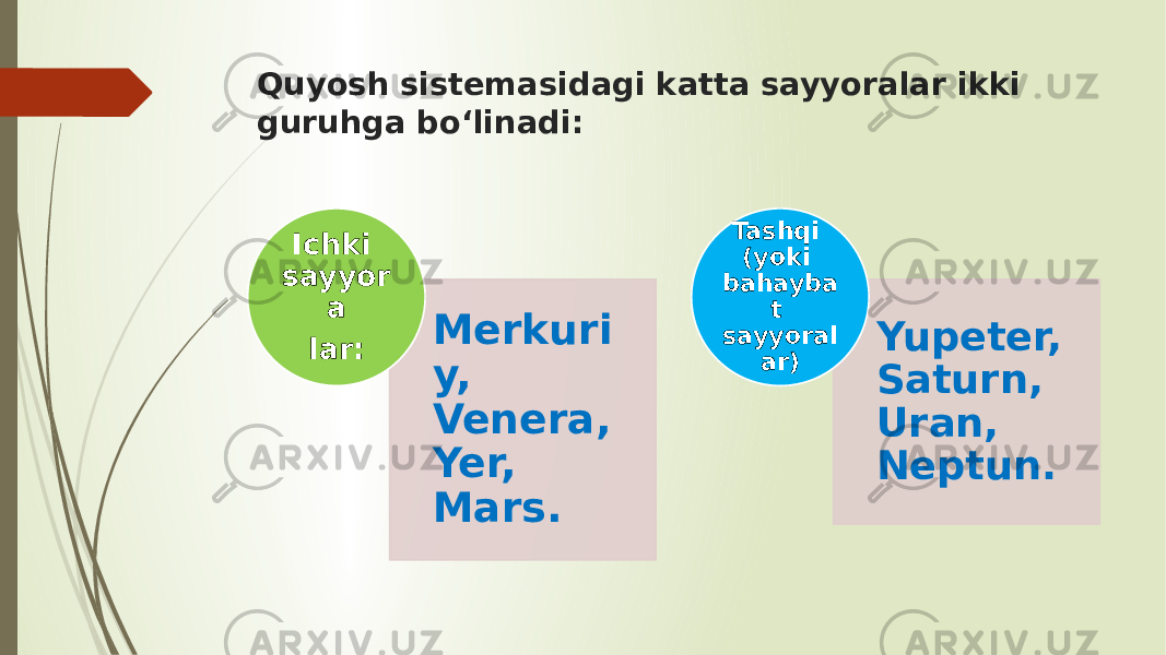 Quyosh sistemasidagi katta sayyoralar ikki guruhga bo‘linadi: Merkuri y, Venera, Yer, Mars. Ichki sayyor a lar: Yupeter, Saturn, Uran, Neptun.Tashqi (yoki bahayba t sayyoral ar) 