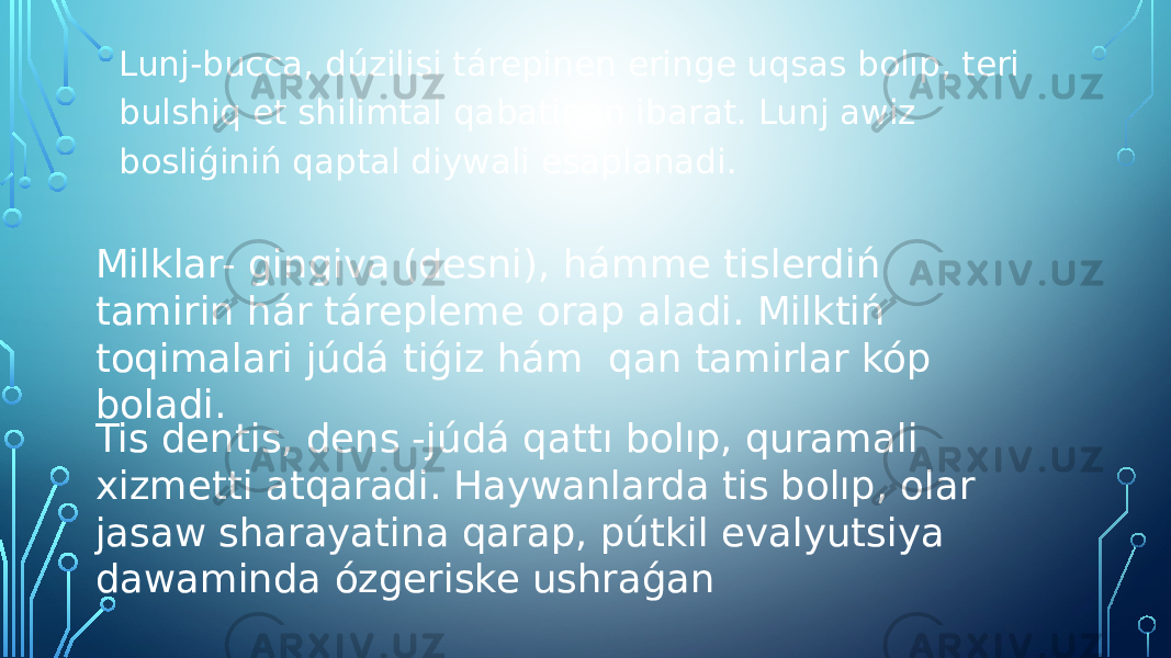 Lunj-bucca, dúzilisi tárepinen eringe uqsas bolıp, teri bulshiq et shilimtal qabatinan ibarat. Lunj awiz bosliǵiniń qaptal diywali esaplanadi. Milklar- gingiva (desni), hámme tislerdiń tamirin hár tárepleme orap aladi. Milktiń toqimalari júdá tiǵiz hám qan tamirlar kóp boladi. Tis dentis, dens -júdá qattı bolıp, quramali xizmetti atqaradi. Haywanlarda tis bolıp, olar jasaw sharayatina qarap, pútkil evalyutsiya dawaminda ózgeriske ushraǵan 