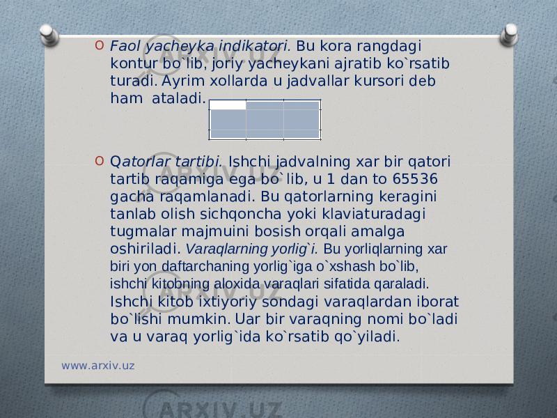 O Faol yach е yka indikatori . Bu kora rangdagi kontur bo ` lib , joriy yach е ykani ajratib ko ` rsatib turadi . Ayrim xollarda u jadvallar kursori d е b ham ataladi. O Q atorlar tartibi. Ishchi jadvalning xar bir qatori tartib raqamiga ega bo`lib, u 1 dan to 65536 gacha raqamlanadi. Bu qatorlarning k е ragini tanlab olish sichqoncha yoki klaviaturadagi tugmalar majmuini bosish orqali amalga oshiriladi. Varaqlarning yorlig`i. Bu yorliqlarning xar biri yon daftarchaning yorlig`iga o`xshash bo`lib, ishchi kitobning aloxida varaqlari sifatida qaraladi. Ishchi kitob ixtiyoriy sondagi varaqlardan iborat bo ` lishi mumkin . Uar bir varaqning nomi bo ` ladi va u varaq yorlig ` ida ko ` rsatib qo ` yiladi . www.arxiv.uz 