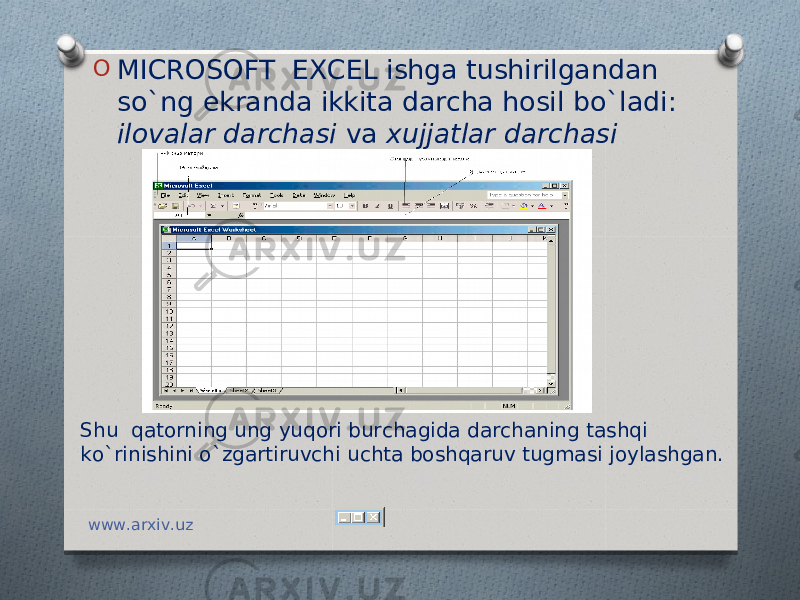 O MICROSOFT EXCEL ishga tushirilgandan so`ng ekranda ikkita darcha hosil bo`ladi: ilovalar darchasi va xujjatlar darchasi S h u qatorning ung yuqori burchagida darchaning tashqi ko`rinishini o`zgartiruvchi uchta boshqaruv tugmasi joylashgan. www.arxiv.uz 