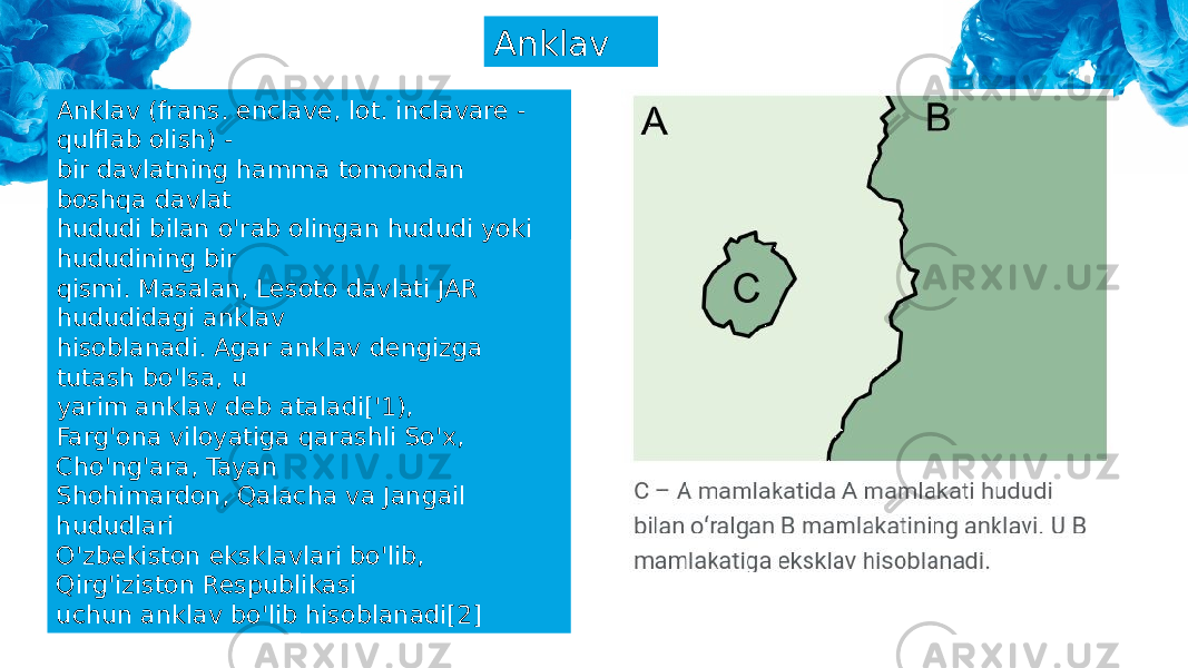 Anklav (frans. enclave, lot. inclavare - qulflab olish) - bir davlatning hamma tomondan boshqa davlat hududi bilan o&#39;rab olingan hududi yoki hududining bir qismi. Masalan, Lesoto davlati JAR hududidagi anklav hisoblanadi. Agar anklav dengizga tutash bo&#39;lsa, u yarim anklav deb ataladi[&#39;1), Farg&#39;ona viloyatiga qarashli So&#39;x, Cho&#39;ng&#39;ara, Tayan Shohimardon, Qalacha va Jangail hududlari O&#39;zbekiston eksklavlari bo&#39;lib, Qirg&#39;iziston Respublikasi uchun anklav bo&#39;lib hisoblanadi[2] Anklav 