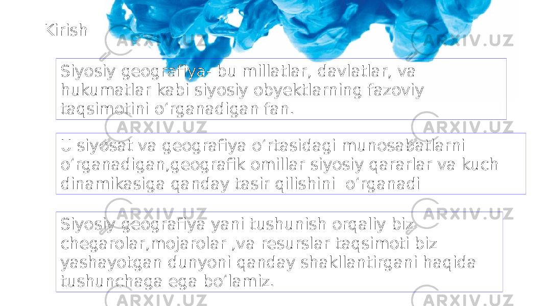 Kirish Siyosiy geografiya- bu millatlar, davlatlar, va hukumatlar kabi siyosiy obyektlarning fazoviy taqsimotini o‘rganadigan fan. U siyosat va geografiya o‘rtasidagi munosabatlarni o‘rganadigan,geografik omillar siyosiy qararlar va kuch dinamikasiga qanday tasir qilishini o‘rganadi Siyosiy geografiya yani tushunish orqaliy biz chegarolar,mojarolar ,va resurslar taqsimoti biz yashayotgan dunyoni qanday shakllantirgani haqida tushunchaga ega bo‘lamiz. 