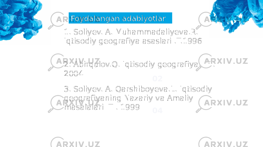 0402Foydalangan adabiyotlar 1. Soliyev. A. Muhammadaliyeva.R. Iqtisodiy geografiya asaslari .T.1996 2. Abirqulov.Q. Iqtisodiy geografiya. T . 2004 3. Soliyev. A. Qarshiboyeva.L. Iqtisodiy geografiyaning Nazariy va Amaliy masalalari T . 1999 