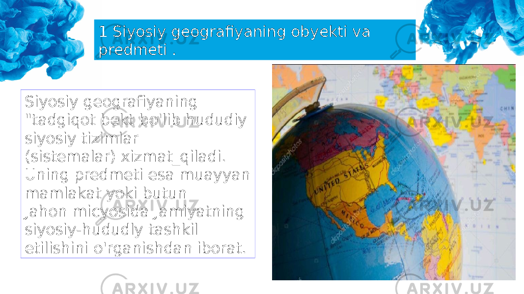 1 Siyosiy geografiyaning obyekti va predmeti . Siyosiy geografiyaning &#34;tadgiqot bekt bo&#39;lib hududiy siyosiy tizimlar (sistemalar) xizmat_qiladi. Uning predmeti esa muayyan mamlakat yoki butun Jahon micyosida Jamiyatning siyosiy-hududly tashkil etilishini o&#39;rganishdan iborat. 