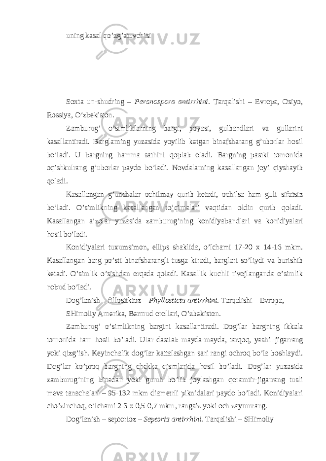 uning kasal qo’zg’atuvchisi Soxta un-shudring – Peronospora antirrhini. Tarqalishi – Evropa, Osiyo, Rossiya, O’zbekiston. Zamburug’ o’simliklarning bargi, poyasi, gulbandlari va gullarini kasallantiradi. Barglarning yuzasida yoyilib ketgan binafsharang g’uborlar hosil bo’ladi. U bargning hamma sathini qoplab oladi. Bargning pastki tomonida oqishkulrang g’uborlar paydo bo’ladi. Novdalarning kasallangan joyi qiyshayib qoladi. Kasallangan g’unchalar ochilmay qurib ketadi, ochilsa ham guli sifatsiz bo’ladi. O’simlikning kasallangan to’qimalari vaqtidan oldin qurib qoladi. Kasallangan a’zolar yuzasida zamburug’ning konidiyabandlari va konidiyalari hosil bo’ladi. Konidiyalari tuxumsimon, ellips shaklida, o’lchami 17-20 x 14-16 mkm. Kasallangan barg po’sti binafsharangli tusga kiradi, barglari so’liydi va burishib ketadi. O’simlik o’sishdan orqada qoladi. Kasallik kuchli rivojlanganda o’simlik nobud bo’ladi. Dog’lanish – fillostiktoz – Phyllosticta antirrhini. Tarqalishi – Evropa, SHimoliy Amerika, Bermud orollari, O’zbekiston. Zamburug’ o’simlikning bargini kasallantiradi. Dog’lar bargning ikkala tomonida ham hosil bo’ladi. Ular dastlab mayda-mayda, tarqoq, yashil-jigarrang yoki qizg’ish. Keyinchalik dog’lar kattalashgan sari rangi ochroq bo’la boshlaydi. Dog’lar ko’proq bargning chekka qismlarida hosil bo’ladi. Dog’lar yuzasida zamburug’ning bittadan yoki guruh bo’lib joylashgan qoramtir-jigarrang tusli meva tanachalari – 95-132 mkm diametrli piknidalari paydo bo’ladi. Konidiyalari cho’zinchoq, o’lchami 2-3 x 0,5-0,7 mkm, rangsiz yoki och zaytunrang. Dog’lanish – septorioz – Septoria antirrhini. Tarqalishi – SHimoliy 