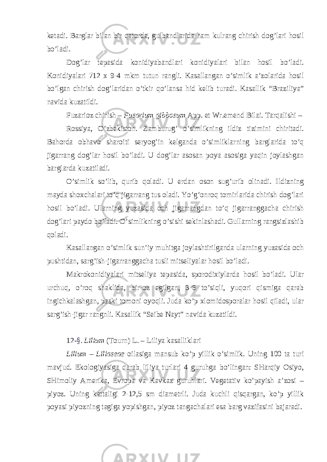 ketadi. Barglar bilan bir qatorda, gulbandlarida ham kulrang chirish dog’lari hosil bo’ladi. Dog’lar tepasida konidiyabandlari konidiyalari bilan hosil bo’ladi. Konidiyalari 712 x 9-4 mkm tutun rangli. Kasallangan o’simlik a’zolarida hosil bo’lgan chirish dog’laridan o’tkir qo’lansa hid kelib turadi. Kasallik “Braziliya” navida kuzatildi. Fuzarioz chirish – Fusarium gibbosum App. et Wr.emend Bilai. Tarqalishi – Rossiya, O’zbekiston. Zamburug’ o’simlikning ildiz tizimini chiritadi. Bahorda obhavo sharoiti seryog’in kelganda o’simliklarning barglarida to’q jigarrang dog’lar hosil bo’ladi. U dog’lar asosan poya asosiga yaqin joylashgan barglarda kuzatiladi. O’simlik so’lib, qurib qoladi. U erdan oson sug’urib olinadi. Ildizning mayda shoxchalari to’q jigarrang tus oladi. Yo’g’onroq tomirlarida chirish dog’lari hosil bo’ladi. Ularning yuzasida och jigarrangdan to’q jigarranggacha chirish dog’lari paydo bo’ladi. O’simlikning o’sishi sekinlashadi. Gullarning rangsizlashib qoladi. Kasallangan o’simlik sun’iy muhitga joylashtirilganda ularning yuzasida och pushtidan, sarg’ish-jigarranggacha tusli mitseliyalar hosil bo’ladi. Makrokonidiyalari mitseliya tepasida, sporodixiylarda hosil bo’ladi. Ular urchuq, o’roq shaklida, bir-oz egilgan, 3-6 to’siqli, yuqori qismiga qarab ingichkalashgan, paski tomoni oyoqli. Juda ko’p xlomidosporalar hosil qiladi, ular sarg’ish-jigar rangnli. Kasallik “Seibe Nayt” navida kuzatildi. 12 - §. Lilium (Tourn) L . – Liliya kasalliklari Lilium – Liliaseae oilasiga mansub ko’p yillik o’simlik. Uning 100 ta turi mavjud. Ekologiyasiga qarab liliya turlari 4 guruhga bo’lingan: SHarqiy Osiyo, SHimoliy Amerika, Evropa va Kavkaz guruhlari. Vegetativ ko’payish a’zosi – piyoz. Uning kattaligi 2-12,5 sm diametrli. Juda kuchli qisqargan, ko’p yillik poyasi piyozning tagiga yopishgan, piyoz tangachalari esa barg vazifasini bajaradi. 