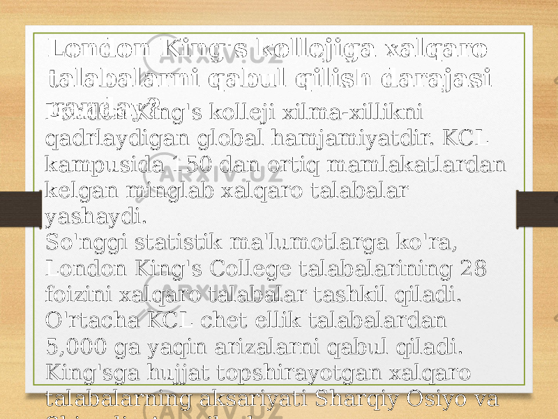 London King&#39;s kollejiga xalqaro talabalarni qabul qilish darajasi qanday? London King&#39;s kolleji xilma-xillikni qadrlaydigan global hamjamiyatdir. KCL kampusida 150 dan ortiq mamlakatlardan kelgan minglab xalqaro talabalar yashaydi. So&#39;nggi statistik ma&#39;lumotlarga ko&#39;ra, London King&#39;s College talabalarining 28 foizini xalqaro talabalar tashkil qiladi. O&#39;rtacha KCL chet ellik talabalardan 5,000 ga yaqin arizalarni qabul qiladi. King&#39;sga hujjat topshirayotgan xalqaro talabalarning aksariyati Sharqiy Osiyo va Shimoliy Amerikadan. 