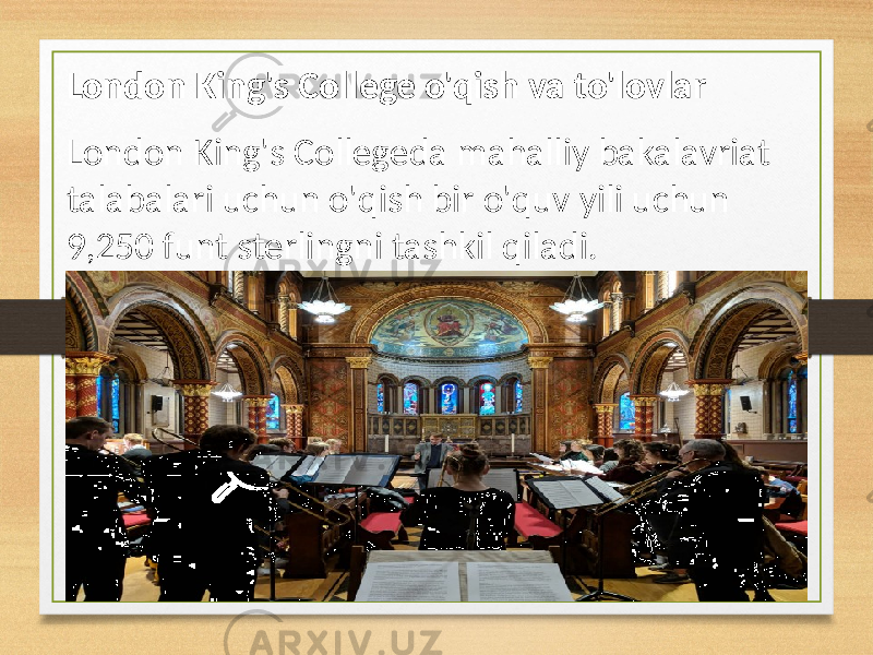 London King&#39;s College o&#39;qish va to&#39;lovlar London King&#39;s Collegeda mahalliy bakalavriat talabalari uchun o&#39;qish bir o&#39;quv yili uchun 9,250 funt sterlingni tashkil qiladi. 
