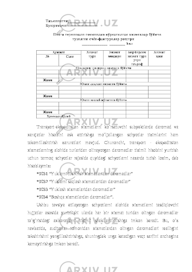 Transport-ekspeditsion xizmatlarni ko`rsatuvchi subyektlarda daromad va xarajatlar hisobini ask ettirishga mo`ljallangan schyotlar tizimlarini ham takomillashtirish zaruratlari mavjud. Chunonchi, transport - ekspeditsion xizmatlarning alohida turlaridan olinayotgan daromadlar tizimli hisobini yuritish uchun tarmoq schyotlar rejasida quyidagi schyotlarni nazarda tutish lozim, deb hisoblaymiz: *9031 “Yuklarni tushirish xizmatlaridan daromadlar” *9032 “Yuklarni saqlash xizmatlaridan daromadlar” *9033 “Yuklash xizmatlaridan daromadlar” *9034 “Boshqa xizmatlardan daromadlar”. Ushbu tavsiya etilayotgan schyotlarni alohida xizmatlarni tasdiqlovchi hujjatlar asosida yuritilishi ularda har bir xizmat turidan olingan daromadlar to`g`risidagi axborotlarni tizimli shakllantirilishiga imkon beradi. Bu, o`z navbatida, auditorlar tomonidan xizmatlardan olingan daromadlari realligini tekshirishni yengillashtirishga, shuningdek unga ketadigan vaqt sarfini anchagina kamaytirishga imkon beradi. 