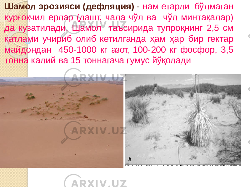 Шамол эрозияси (дефляция) - нам етарли бўлмаган қурғоқчил ерлар (дашт, чала чўл ва чўл минтақалар) да кузатилади. Шамол таъсирида тупроқнинг 2,5 см қатлами учириб олиб кетилганда ҳам ҳар бир гектар майдондан 450-1000 кг азот, 100-200 кг фосфор, 3,5 тонна калий ва 15 тоннагача гумус йўқолади 