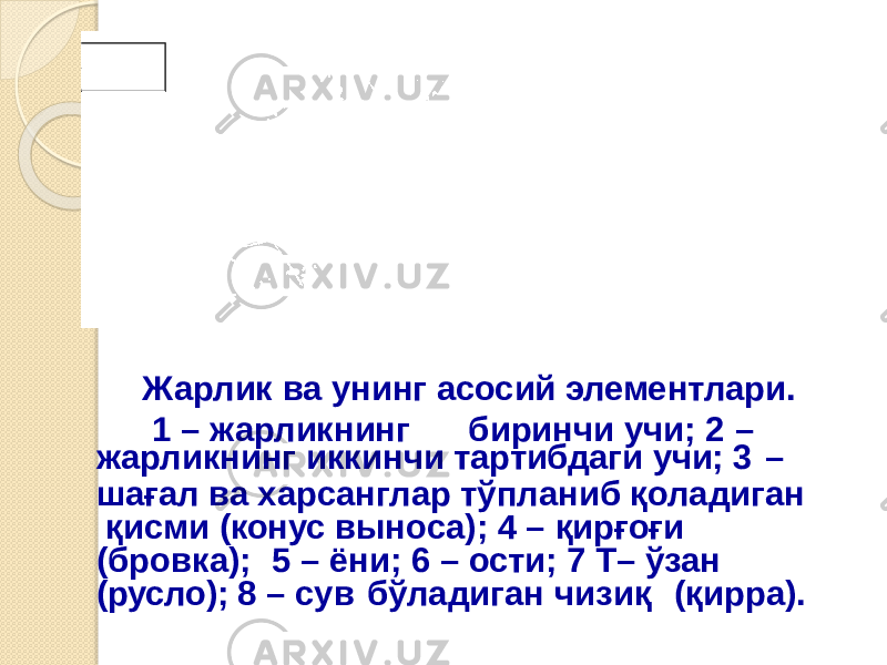 Жарлик ва унинг асосий элементлари. 1 – жарликнинг биринчи учи; 2 – жарликнинг иккинчи тартибдаги учи; 3 – шағал ва харсанглар тўпланиб қоладиган қисми (конус выноса); 4 – қирғоғи (бровка); 5 – ёни; 6 – ости; 7 Т– ўзан (русло); 8 – сув бўладиган чизиқ (қирра). 