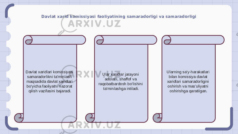 Davlat xarid komissiyasi faoliyatining samaradorligi va samaradorligi Davlat xaridlari komissiyasi samaradorlikni ta’minlash maqsadida davlat xaridlari bo‘yicha faoliyatni nazorat qilish vazifasini bajaradi. Ular xaridlar jarayoni adolatli, shaffof va raqobatbardosh bo‘lishini ta’minlashga intiladi. Ularning sa’y-harakatlari bilan komissiya davlat xaridlari samaradorligini oshirish va mas’uliyatni oshirishga qaratilgan. 