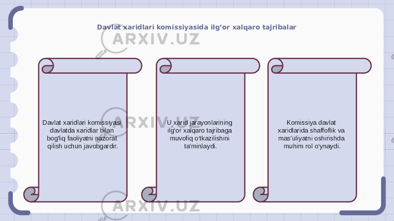 Davlat xaridlari komissiyasida ilg‘or xalqaro tajribalar Davlat xaridlari komissiyasi davlatda xaridlar bilan bog&#39;liq faoliyatni nazorat qilish uchun javobgardir. U xarid jarayonlarining ilg‘or xalqaro tajribaga muvofiq o‘tkazilishini ta’minlaydi. Komissiya davlat xaridlarida shaffoflik va mas’uliyatni oshirishda muhim rol o‘ynaydi. 