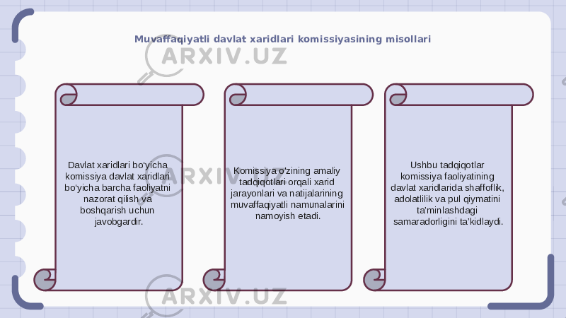 Muvaffaqiyatli davlat xaridlari komissiyasining misollari Davlat xaridlari bo‘yicha komissiya davlat xaridlari bo‘yicha barcha faoliyatni nazorat qilish va boshqarish uchun javobgardir. Komissiya o&#39;zining amaliy tadqiqotlari orqali xarid jarayonlari va natijalarining muvaffaqiyatli namunalarini namoyish etadi. Ushbu tadqiqotlar komissiya faoliyatining davlat xaridlarida shaffoflik, adolatlilik va pul qiymatini ta’minlashdagi samaradorligini ta’kidlaydi. 