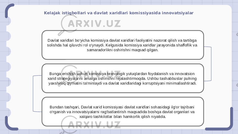 Kelajak istiqbollari va davlat xaridlari komissiyasida innovatsiyalar Davlat xaridlari bo‘yicha komissiya davlat xaridlari faoliyatini nazorat qilish va tartibga solishda hal qiluvchi rol o‘ynaydi. Kelgusida komissiya xaridlar jarayonida shaffoflik va samaradorlikni oshirishni maqsad qilgan. Bunga erishish uchun komissiya texnologik yutuqlardan foydalanish va innovatsion xarid strategiyalarini amalga oshirishni rejalashtirmoqda. Ushbu tashabbuslar pulning yaxshiroq qiymatini ta&#39;minlaydi va davlat xaridlaridagi korruptsiyani minimallashtiradi. Bundan tashqari, Davlat xarid komissiyasi davlat xaridlari sohasidagi ilg‘or tajribani o‘rganish va innovatsiyalarni rag‘batlantirish maqsadida boshqa davlat organlari va xalqaro tashkilotlar bilan hamkorlik qilish niyatida. 