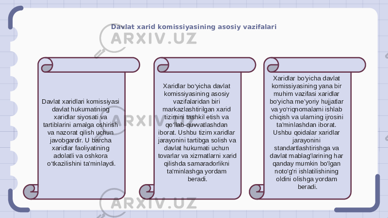 Davlat xarid komissiyasining asosiy vazifalari Davlat xaridlari komissiyasi davlat hukumatining xaridlar siyosati va tartiblarini amalga oshirish va nazorat qilish uchun javobgardir. U barcha xaridlar faoliyatining adolatli va oshkora o‘tkazilishini ta’minlaydi. Xaridlar bo‘yicha davlat komissiyasining asosiy vazifalaridan biri markazlashtirilgan xarid tizimini tashkil etish va qo‘llab-quvvatlashdan iborat. Ushbu tizim xaridlar jarayonini tartibga solish va davlat hukumati uchun tovarlar va xizmatlarni xarid qilishda samaradorlikni ta&#39;minlashga yordam beradi. Xaridlar bo‘yicha davlat komissiyasining yana bir muhim vazifasi xaridlar bo‘yicha me’yoriy hujjatlar va yo‘riqnomalarni ishlab chiqish va ularning ijrosini ta’minlashdan iborat. Ushbu qoidalar xaridlar jarayonini standartlashtirishga va davlat mablag&#39;larining har qanday mumkin bo&#39;lgan noto&#39;g&#39;ri ishlatilishining oldini olishga yordam beradi. 