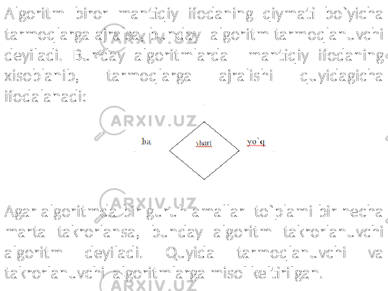 Algoritm biror mantiqiy ifodaning qiymati bo`yicha tarmoqlarga ajralsa, bunday algoritm tarmoqlanuvchi deyiladi. Bunday algoritmlarda mantiqiy ifodaning xisoblanib, tarmoqlarga ajralishi quyidagicha ifodalanadi: Agar algoritmda bir guruh amallar to`plami bir necha marta takrorlansa, bunday algoritm takrorlanuvchi algoritm deyiladi. Quyida tarmoqlanuvchi va takrorlanuvchi algoritmlarga misol keltirilgan. 
