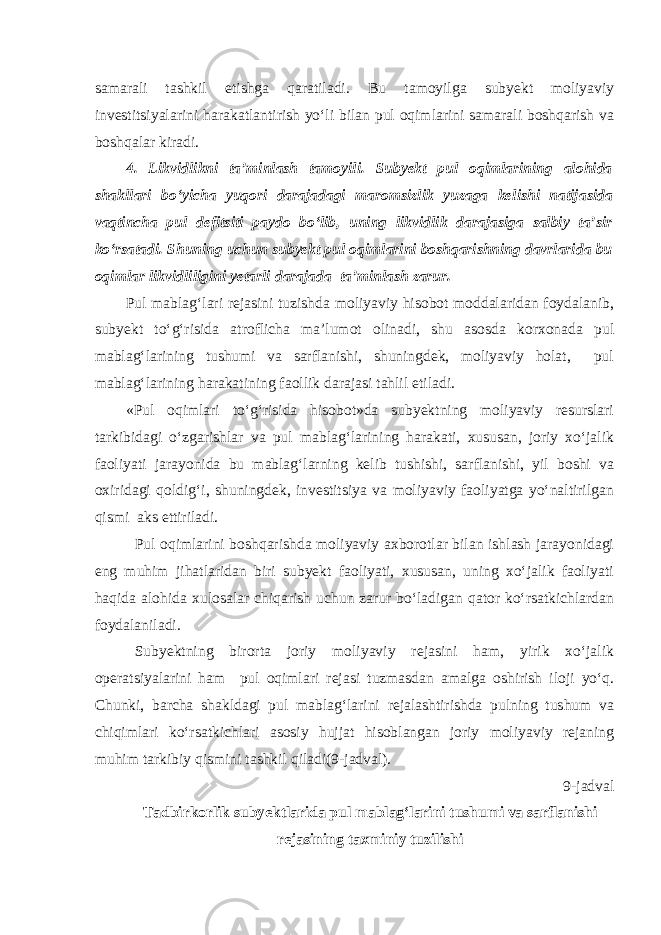 samarali tashkil etishga qaratiladi. Bu tamoyilga subyekt moliyaviy investitsiyalarini harakatlantirish yo‘li bilan pul oqimlarini samarali boshqarish va boshqalar kiradi. 4. Likvidlikni ta’minlash tamoyili. Subyekt pul oqimlarining alohida shakllari bo‘yicha yuqori darajadagi maromsizlik yuzaga kelishi natijasida vaqtincha pul defitsiti paydo bo‘lib, uning likvidlik darajasiga salbiy ta’sir ko‘rsatadi. Shuning uchun subyekt pul oqimlarini boshqarishning davrlarida bu oqimlar likvidliligini yetarli darajada ta’minlash zarur. Pul mablag‘lari rejasini tuzishda moliyaviy hisobot moddalaridan foydalanib, subyekt to‘g‘risida atroflicha ma’lumot olinadi, shu asosda korxonada pul mablag‘larining tushumi va sarflanishi, shuningdek, moliyaviy holat, pul mablag‘larining harakatining faollik darajasi tahlil etiladi. «Pul oqimlari to‘g‘risida hisobot»da subyektning moliyaviy resurslari tarkibidagi o‘zgarishlar va pul mablag‘larining harakati, xususan, joriy xo‘jalik faoliyati jarayonida bu mablag‘larning kelib tushishi, sarflanishi, yil boshi va oxiridagi qoldig‘i, shuningdek, investitsiya va moliyaviy faoliyatga yo‘naltirilgan qismi aks ettiriladi. Pul oqimlarini boshqarishda moliyaviy axborotlar bilan ishlash jarayonidagi eng muhim jihatlaridan biri subyekt faoliyati, xususan, uning xo‘jalik faoliyati haqida alohida xulosalar chiqarish uchun zarur bo‘ladigan qator ko‘rsatkichlardan foydalaniladi. Subyektning birorta joriy moliyaviy rejasini ham, yirik xo‘jalik operatsiyalarini ham pul oqimlari rejasi tuzmasdan amalga oshirish iloji yo‘q. Chunki, barcha shakldagi pul mablag‘larini rejalashtirishda pulning tushum va chiqimlari ko‘rsatkichlari asosiy hujjat hisoblangan joriy moliyaviy rejaning muhim tarkibiy qismini tashkil qiladi(9-jadval). 9-jadval Tadbirkorlik subyektlarida pul mablag‘larini tushumi va sarflanishi rejasining taxminiy tuzilishi 