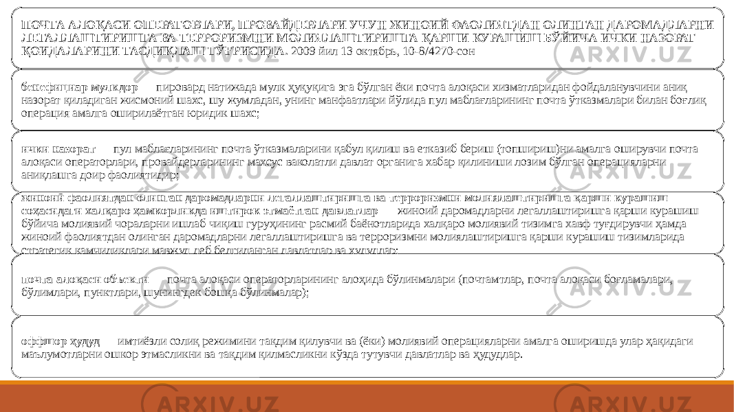 ПОЧТА АЛОҚАСИ ОПЕРАТОРЛАРИ, ПРОВАЙДЕРЛАРИ УЧУН ЖИНОИЙ ФАОЛИЯТДАН ОЛИНГАН ДАРОМАДЛАРНИ ЛЕГАЛЛАШТИРИШГА ВА ТЕРРОРИЗМНИ МОЛИЯЛАШТИРИШГА ҚАРШИ КУРАШИШ БЎЙИЧА ИЧКИ НАЗОРАТ ҚОИДАЛАРИНИ ТАСДИҚЛАШ ТЎҒРИСИДА. 2009 йил 13 октябрь, 10-8/4270-сон бенефициар мулкдор  — пировард натижада мулк ҳуқуқига эга бўлган ёки почта алоқаси хизматларидан фойдаланувчини аниқ назорат қиладиган жисмоний шахс, шу жумладан, унинг манфаатлари йўлида пул маблағларининг почта ўтказмалари билан боғлиқ операция амалга оширилаётган юридик шахс; ички назорат  — пул маблағларининг почта ўтказмаларини қабул қилиш ва етказиб бериш (топшириш)ни амалга оширувчи почта алоқаси операторлари, провайдерларининг махсус ваколатли давлат органига хабар қилиниши лозим бўлган операцияларни аниқлашга доир фаолиятидир; жиноий фаолиятдан олинган даромадларни легаллаштиришга ва терроризмни молиялаштиришга қарши курашиш соҳасидаги халқаро ҳамкорликда иштирок этмаётган давлатлар  — жиноий даромадларни легаллаштиришга қарши курашиш бўйича молиявий чораларни ишлаб чиқиш гуруҳининг расмий баёнотларида халқаро молиявий тизимга хавф туғдирувчи ҳамда жиноий фаолиятдан олинган даромадларни легаллаштиришга ва терроризмни молиялаштиришга қарши курашиш тизимларида стратегик камчиликлари мавжуд деб белгиланган давлатлар ва ҳудудлар; почта алоқаси объекти  — почта алоқаси операторларининг алоҳида бўлинмалари (почтамтлар, почта алоқаси боғламалари, бўлимлари, пунктлари, шунингдек бошқа бўлинмалар); оффшор ҳудуд  — имтиёзли солиқ режимини тақдим қилувчи ва (ёки) молиявий операцияларни амалга оширишда улар ҳақидаги маълумотларни ошкор этмасликни ва тақдим қилмасликни кўзда тутувчи давлатлар ва ҳудудлар. 