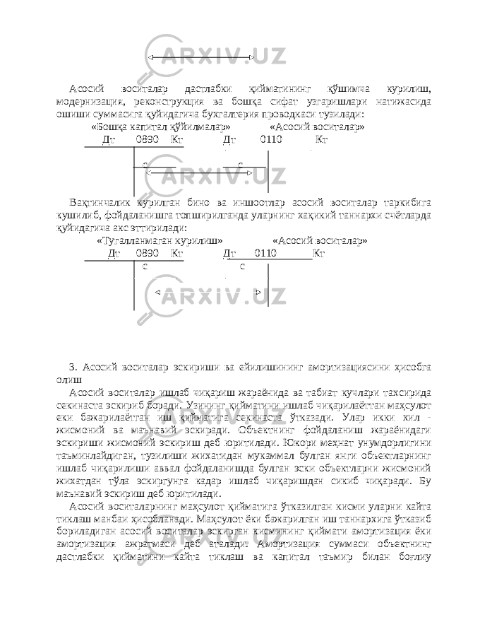 Асосий воситалар дастлабки қийматининг қўшимча курилиш, модернизация, реконструкция ва бошқа сифат узгаришлари натижасида ошиши суммасига қуйидагича бухгалтерия проводкаси тузилади: «Бошқа капитал қўйилмалар» «Асосий воситалар» Дт 0890 Кт Дт 0110 Кт с с Вақтинчалик курилган бино ва иншоотлар асосий воситалар таркибига кушилиб, фойдаланишга топширилганда уларнинг хақикий таннархи счётларда қуйидагича акс эттирилади: «Тугалланмаган курилиш» «Асосий воситалар» Дт 0890 Кт Дт 0110 Кт с с 3. Асосий воситалар эскириши ва ейилишининг амортизациясини ҳисобга олиш Асосий воситалар ишлаб чиқариш жараёнида ва табиат кучлари тахсирида секинаста эскириб боради. Узининг қийматини ишлаб чиқарилаёттан маҳсулот еки бажарилаётган иш қийматига секинаста ўтказади. Улар икки хил - жисмоний ва маънавий эскиради. Объектнинг фойдаланиш жараёнидаги эскириши жисмоний эскириш деб юритилади. Юкори меҳнат унумдорлигини таъминлайдиган, тузилиши жихатидан мукаммал булган янги объектларнинг ишлаб чиқарилиши аввал фойдаланишда булган эски объектларни жисмоний жихатдан тўла эскиргунга кадар ишлаб чиқаришдан сикиб чиқаради. Бу маънавий эскириш деб юритилади. Асосий воситаларнинг маҳсулот қийматига ўтказилган кисми уларни кайта тиклаш манбаи ҳисобланади. Маҳсулот ёки бажарилган иш таннархига ўтказиб бориладиган асосий воситалар эскирган кисмининг қиймати амортизация ёки амортизация ажратмаси деб аталади. Амортизация суммаси объектнинг дастлабки қийматини кайта тиклаш ва капитал таъмир билан боғлиу 