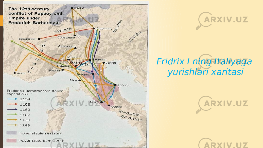 Fridrix I ning Italiyaga yurishlari xaritasi 