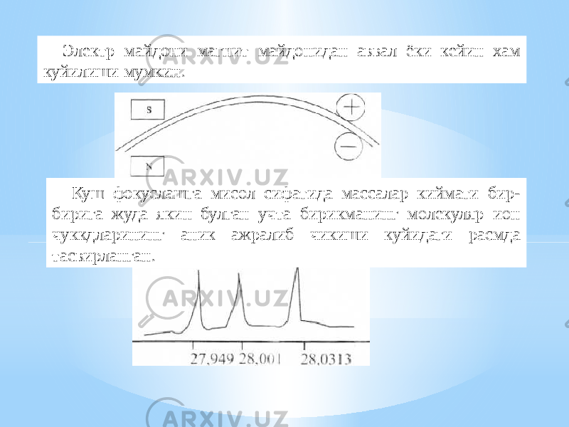 Электр майдони магнит майдонидан аввал ёки кейин хам куйилиши мумкин. Куш фокуслашга мисол сифатида массалар киймати бир- бирига жуда якин булган учта бирикманинг молекуляр ион чуккдларининг аник ажралиб чикиши куйидаги расмда тасвирланган. 