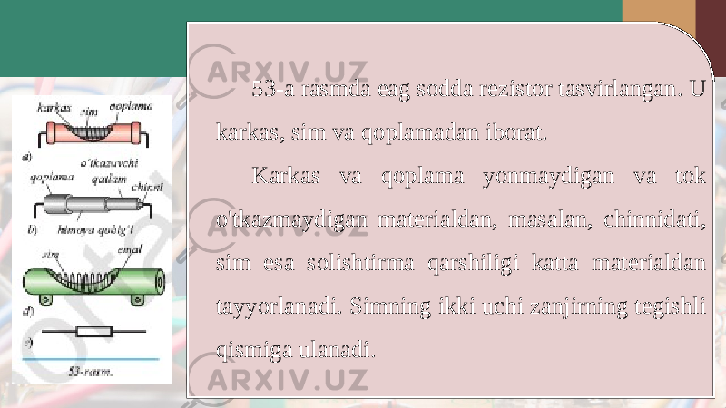 53-a rasmda eag sodda rezistor tasvirlangan. U karkas, sim va qoplamadan iborat. Karkas va qoplama yonmaydigan va tok o&#39;tkazmaydigan materialdan, masalan, chinnidati, sim esa solishtirma qarshiligi katta materialdan tayyorlanadi. Simning ikki uchi zanjirning tegishli qismiga ulanadi. 