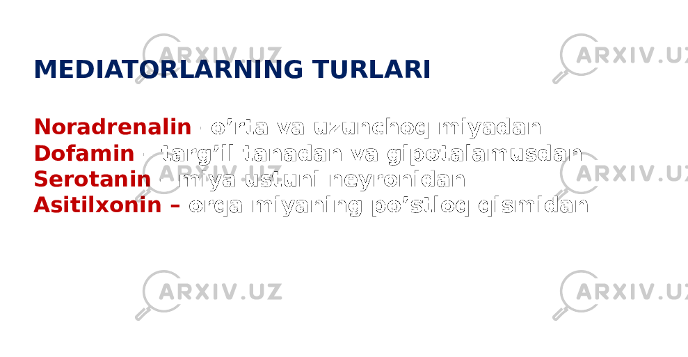 MEDIATORLARNING TURLARI Noradrenalin –o’rta va uzunchoq miyadan Dofamin – targ’il tanadan va gipotalamusdan Serotanin – miya ustuni neyronidan Asitilxonin – orqa miyaning po’stloq qismidan 