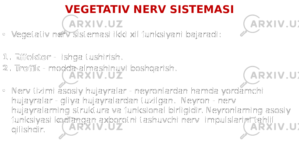 VEGETATIV NERV SISTEMASI • Vegetativ nerv sistemasi ikki xil funksiyani bajaradi: 1. Effektor - ishga tushirish. 2. Trofik - modda almashinuvi boshqarish. • Nerv tizimi asosiy hujayralar - neyronlardan hamda yordamchi hujayralar - gliya hujayralardan tuzilgan.  Neyron - nerv hujayralarning struktura va funksional birligidir. Neyronlarning asosiy funksiyasi kodlangan axborotni tashuvchi nerv  impulslarini tahlil qilishdir. 