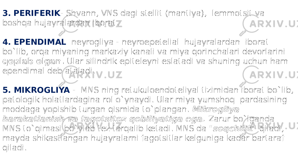 3. PERIFERIK - Shvann, VNS dagi stellit (mantiya), lemmotsit va boshqa hujayralardan iborat. 4. EPENDIMAL neyrogliya - neyroepetelial hujayralardan iborat bo`lib, orqa miyaning markaziy kanali va miya qorinchalari devorlarini qoplab olgan. Ular silindrik epiteleyni eslatadi va shuning uchun ham ependimal deb ataladi. 5. MIKROGLIYA - MNS ning retukuloendoteliyal tizimidan iborat bo`lib, patologik holatlardagina rol o`ynaydi. Ular miya yumshoq pardasining moddaga yopishib turgan qismida to`plangan. Mikrogliya harakatlanish va fagotsitoz qobiliyatiga ega. Zarur bo`lganda MNS to`qimasi bo`ylab tez tarqalib ketadi. MNS da &#34; soqchilik &#34; qiladi, mayda shikastlangan hujayralarni fagotsitlar kelguniga kadar bartaraf qiladi. 