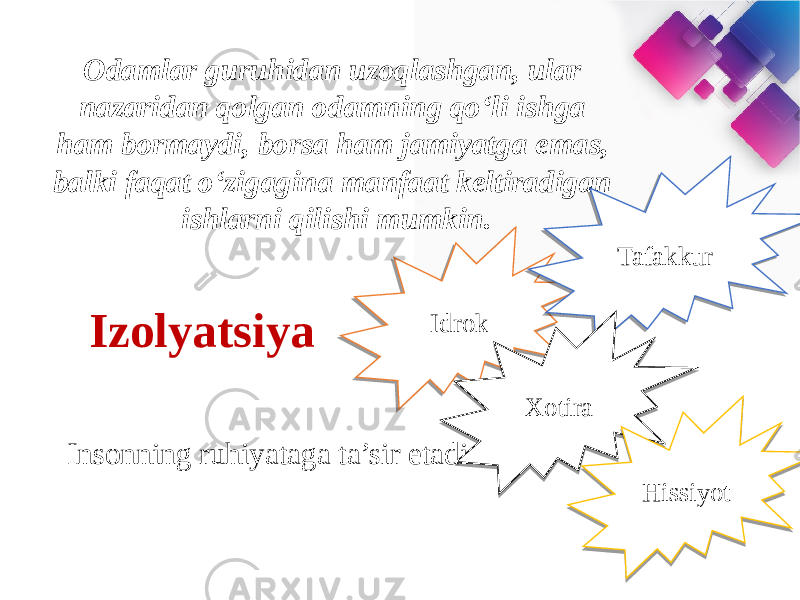 Odamlar guruhidan uzoqlashgan, ular nazaridan qolgan odamning qo‘li ishga ham bormaydi, borsa ham jamiyatga emas, balki faqat o‘zigagina manfaat keltiradigan ishlarni qilishi mumkin. Izolyatsiya Insonning ruhiyataga ta’sir etadi Idrok Tafakkur Xotira Hissiyot 031710 32 2F 2E 