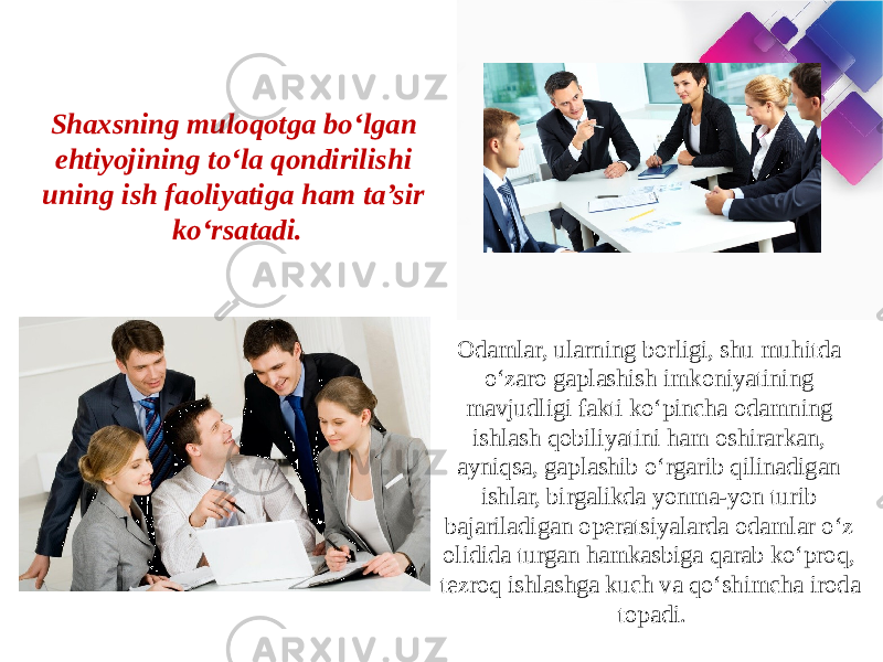 Shaxsning muloqotga bo‘lgan ehtiyojining to‘la qondirilishi uning ish faoliyatiga ham ta’sir ko‘rsatadi. Odamlar, ularning borligi, shu muhitda o‘zaro gaplashish imkoniyatining mavjudligi fakti ko‘pincha odamning ishlash qobiliyatini ham oshirarkan, ayniqsa, gaplashib o‘rgarib qilinadigan ishlar, birgalikda yonma-yon turib bajariladigan operatsiyalarda odamlar o‘z olidida turgan hamkasbiga qarab ko‘proq, tezroq ishlashga kuch va qo‘shimcha iroda topadi. 