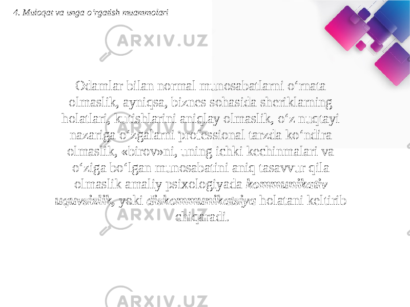 Odamlar bilan normal munosabatlarni o‘rnata olmaslik, ayniqsa, biznes sohasida sheriklarning holatlari, kutishlarini aniqlay olmaslik, o‘z nuqtayi nazariga o‘zgalarni professional tarzda ko‘ndira olmaslik, «birov»ni, uning ichki kechinmalari va o‘ziga bo‘lgan munosabatini aniq tasavvur qila olmaslik amaliy psixologiyada kommunikativ uquvsizlik, yoki diskommunikatsiya holatani keltirib chiqaradi. 4. Muloqat va unga o‘rgatish muammolari 