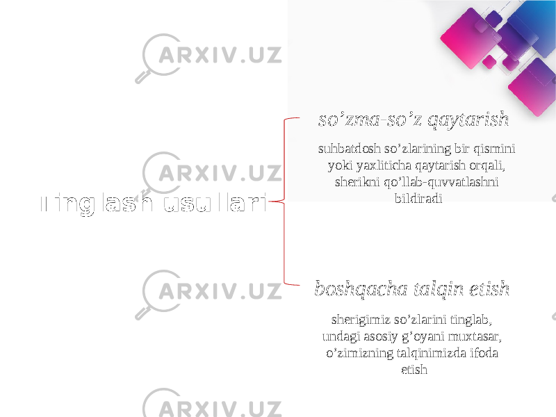 Tinglash usullari so’zma-so’z qaytarish boshqacha talqin etish suhbatdosh so’zlarining bir qismini yoki yaxliticha qaytarish orqali, sherikni qo’llab-quvvatlashni bildiradi sherigimiz so’zlarini tinglab, undagi asosiy g’oyani muxtasar, o’zimizning talqinimizda ifoda etish 