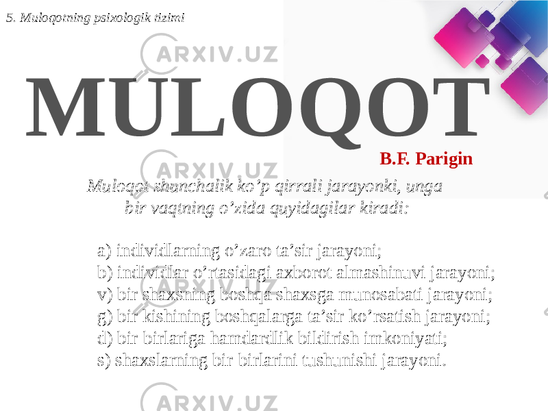 5. Muloqotning psixologik tizimi MULOQOT B.F. Parigin Muloqot shunchalik ko’p qirrali jarayonki, unga bir vaqtning o’zida quyidagilar kiradi: a) individlarning o’zaro ta’sir jarayoni; b) individlar o’rtasidagi axborot almashinuvi jarayoni; v) bir shaxsning boshqa shaxsga munosabati jarayoni; g) bir kishining boshqalarga ta’sir ko’rsatish jarayoni; d) bir-birlariga hamdardlik bildirish imkoniyati; s) shaxslarning bir-birlarini tushunishi jarayoni. 