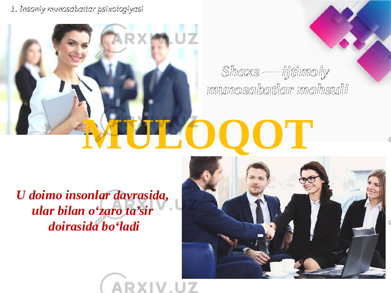 Shaxs — ijtimoiy munosabatlar mahsuli U doimo insonlar davrasida, ular bilan o‘zaro ta’sir doirasida bo‘ladi MULOQOT 1. Insoniy munosabatlar psixologiyasi 