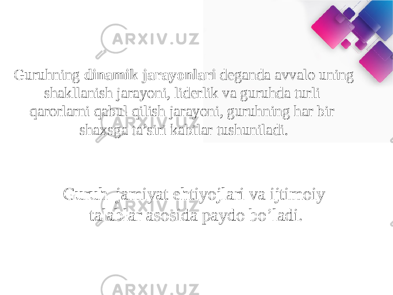 Guruhning dinamik jarayonlari deganda avvalo uning shakllanish jarayoni, liderlik va guruhda turli qarorlarni qabul qilish jarayoni, guruhning har bir shaxsga ta’siri kabilar tushuniladi. Guruh jamiyat ehtiyojlari va ijtimoiy talablar asosida paydo bo’ladi. 