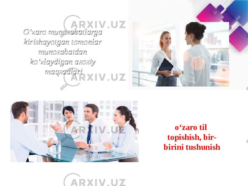 O‘zaro munosabatlarga kirishayotgan tomonlar munosabatdan ko‘zlaydigan asosiy maqsadlari o‘zaro til topishish, bir- birini tushunish 