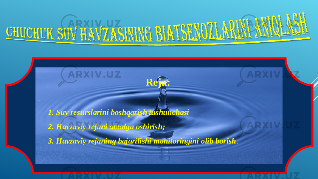 Reja: 1. Suv resurslarini boshqarish tushunchasi 2. Havzaviy rejani amalga oshirish; 3. Havzaviy rejaning bajarilishi monitoringini olib borish . 