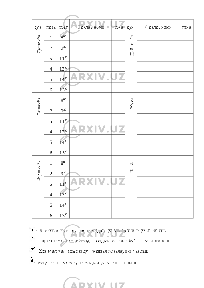 кун пара соат Фанлар номи хона кун Фанлар номи хонаДуш анба 1 8 00 П айш анба 2 9 30 3 11 30 4 13 00 5 14 30 6 16 00 Сеш анба 1 8 00 Ж ума 2 9 30 3 11 30 4 13 00 5 14 30 6 16 00 Чорш анба 1 8 00 Ш анба 2 9 30 3 11 30 4 13 00 5 14 30 6 16 00 - Вертикал чегараларда - жадвал устунлар энини узгартириш. - Горизонтал чегараларда - жадвал сатрлар буйини узгартириш - Хоналар чап томонида - жадвал хоналарини танлаш - Устун тепа кисмида - жадвал устунини танлаш 