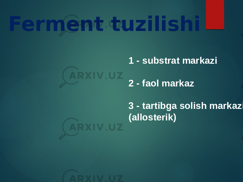 Ferment tuzilishi 1 - substrat markazi 2 - faol markaz 3 - tartibga solish markazi (allosterik) 