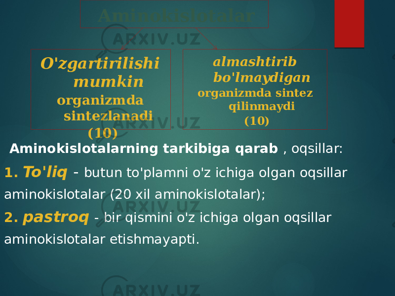  Aminokislotalarning tarkibiga qarab , oqsillar: 1. To&#39;liq - butun to&#39;plamni o&#39;z ichiga olgan oqsillar aminokislotalar (20 xil aminokislotalar); 2. pastroq - bir qismini o&#39;z ichiga olgan oqsillar aminokislotalar etishmayapti. Aminokislotalar O&#39;zgartirilishi mumkin organizmda sintezlanadi (10) almashtirib bo&#39;lmaydigan organizmda sintez qilinmaydi (10) 