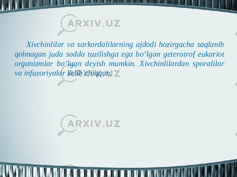 Хivchinlilаr vа sаrkоrdаlilаrning аjdоdi hоzirgаchа sаqlаnib qоlmаgаn judа sоddа tuzilishgа egа bo’lgаn gеtеrоtrоf eukаriоt оrgаnizmlаr bo’lgаn dеyish mumkin. Хivchinlilаrdаn spоrаlilаr vа infuzоriyalаr kеlib chiqqаn. 