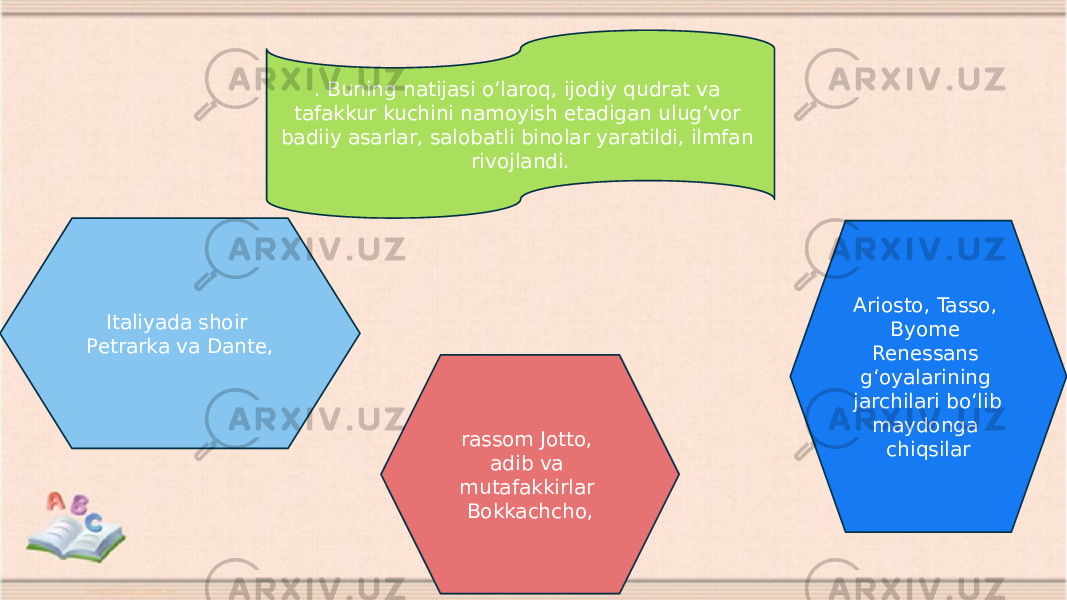 . Buning natijasi oʻlaroq, ijodiy qudrat va tafakkur kuchini namoyish etadigan ulugʻvor badiiy asarlar, salobatli binolar yaratildi, ilmfan rivojlandi. Italiyada shoir Petrarka va Dante, rassom Jotto, adib va mutafakkirlar Bokkachcho, Ariosto, Tasso, Byome Renessans gʻoyalarining jarchilari boʻlib maydonga chiqsilar 