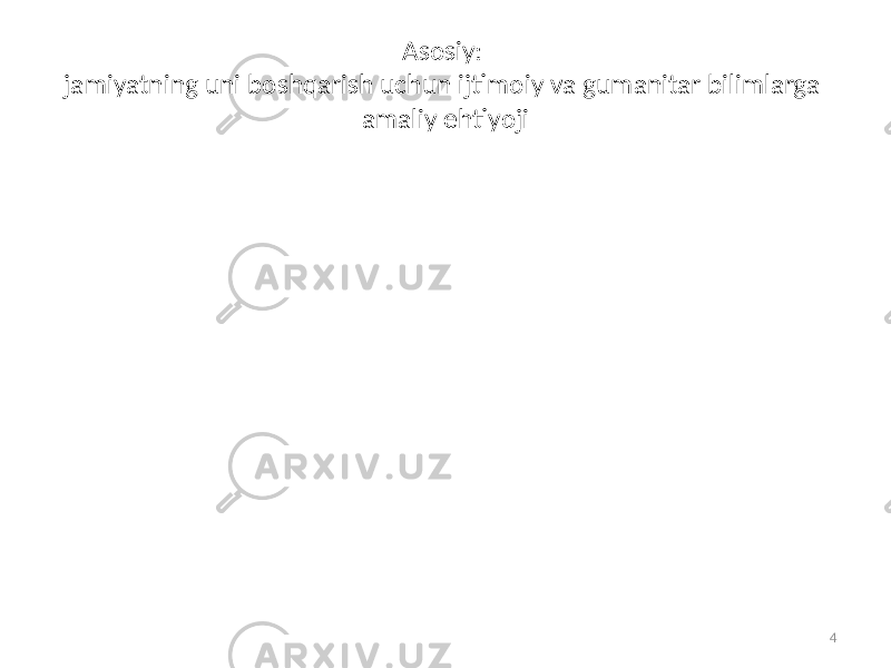 Asosiy: jamiyatning uni boshqarish uchun ijtimoiy va gumanitar bilimlarga amaliy ehtiyoji 4 