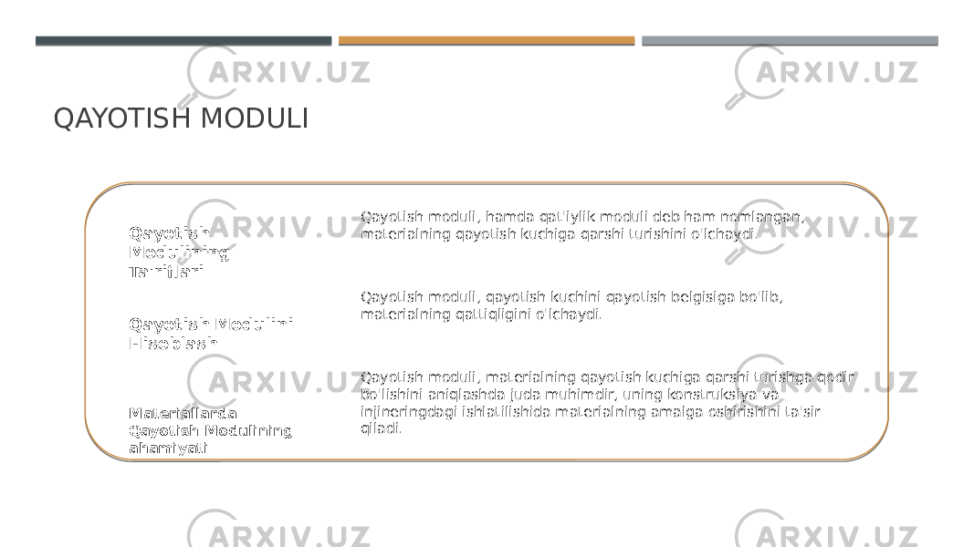 QAYOTISH MODULI Qayotish Modulining Ta&#39;riflari Qayotish Modulini Hisoblash Materiallarda Qayotish Modulining ahamiyati Qayotish moduli, hamda qat&#39;iylik moduli deb ham nomlangan, materialning qayotish kuchiga qarshi turishini o&#39;lchaydi. Qayotish moduli, qayotish kuchini qayotish belgisiga bo&#39;lib, materialning qattiqligini o&#39;lchaydi. Qayotish moduli, materialning qayotish kuchiga qarshi turishga qodir bo&#39;lishini aniqlashda juda muhimdir, uning konstruksiya va injineringdagi ishlatilishida materialning amalga oshirishini ta&#39;sir qiladi. 