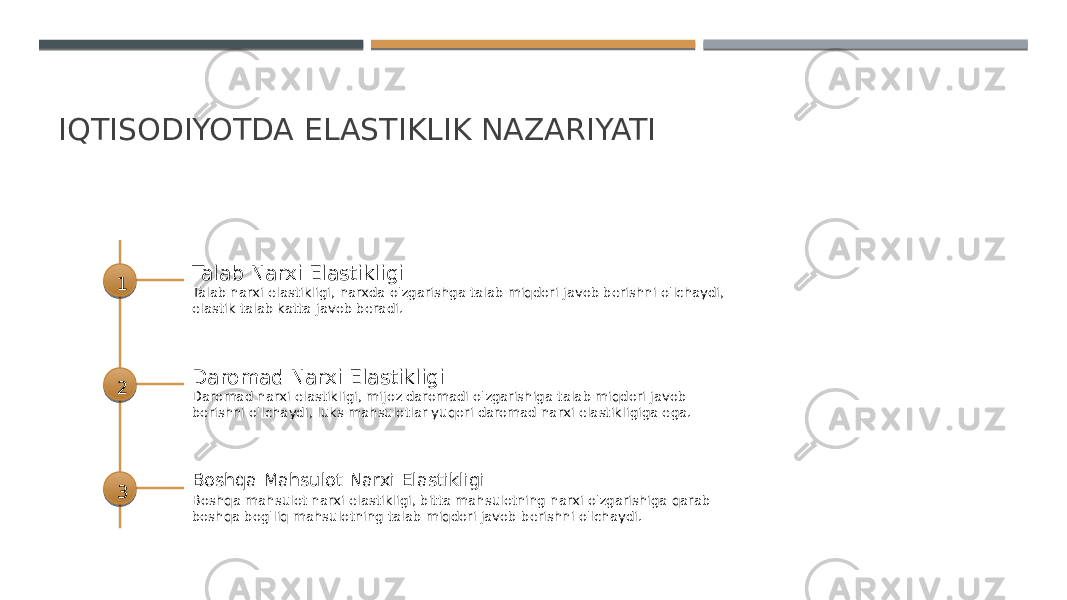 IQTISODIYOTDA ELASTIKLIK NAZARIYATI 1 Talab Narxi Elastikligi Talab narxi elastikligi, narxda o&#39;zgarishga talab miqdori javob berishni o&#39;lchaydi, elastik talab katta javob beradi. 2 Daromad Narxi Elastikligi Daromad narxi elastikligi, mijoz daromadi o&#39;zgarishiga talab miqdori javob berishni o&#39;lchaydi, luks mahsulotlar yuqori daromad narxi elastikligiga ega. 3 Boshqa Mahsulot Narxi Elastikligi Boshqa mahsulot narxi elastikligi, bitta mahsulotning narxi o&#39;zgarishiga qarab boshqa bog&#39;liq mahsulotning talab miqdori javob berishni o&#39;lchaydi. 