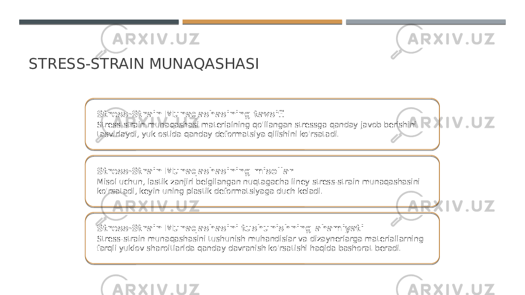 STRESS-STRAIN MUNAQASHASI Stress-Strain Munaqashasining tavsifi Stress-strain munaqashasi materialning qo&#39;llangan stressga qanday javob berishini tasvirlaydi, yuk ostida qanday deformatsiya qilishini ko&#39;rsatadi. Stress-Strain Munaqashasining misollar Misol uchun, lastik zanjiri belgilangan nuqtagacha liney stress-strain munaqashasini ko&#39;rsatadi, keyin uning plastik deformatsiyaga duch keladi. Stress-Strain Munaqashasini tushunishning ahamiyati Stress-strain munaqashasini tushunish muhandislar va dizaynerlarga materiallarning farqli yuklov sharoitlarida qanday davranish ko&#39;rsatishi haqida bashorat beradi. 