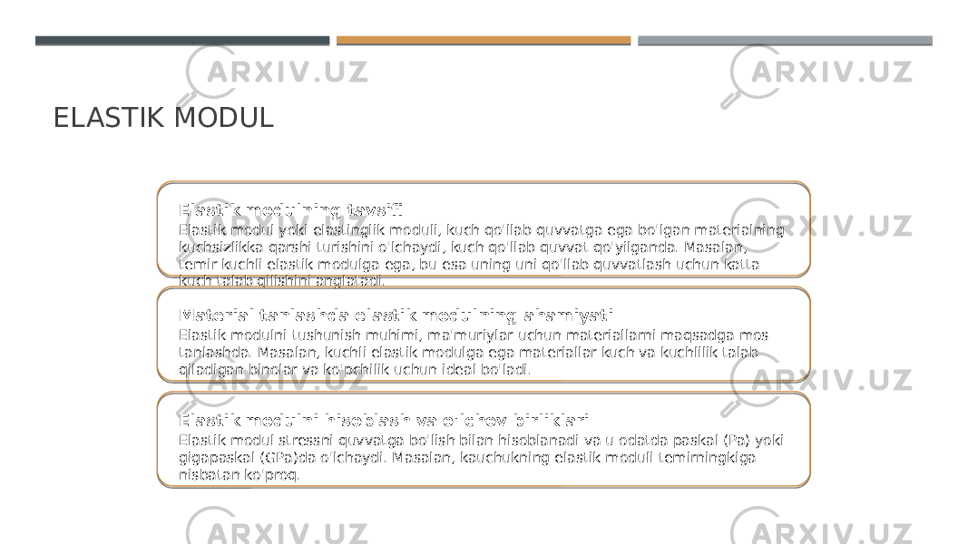 ELASTIK MODUL Elastik modulning tavsifi Elastik modul yoki elastinglik moduli, kuch qo&#39;llab quvvatga ega bo&#39;lgan materialning kuchsizlikka qarshi turishini o&#39;lchaydi, kuch qo&#39;llab quvvat qo&#39;yilganda. Masalan, temir kuchli elastik modulga ega, bu esa uning uni qo&#39;llab quvvatlash uchun katta kuch talab qilishini anglatadi. Material tanlashda elastik modulning ahamiyati Elastik modulni tushunish muhimi, ma&#39;muriylar uchun materiallarni maqsadga mos tanlashda. Masalan, kuchli elastik modulga ega materiallar kuch va kuchlilik talab qiladigan binolar va ko&#39;pchilik uchun ideal bo&#39;ladi. Elastik modulni hisoblash va o&#39;lchov birliklari Elastik modul stressni quvvatga bo&#39;lish bilan hisoblanadi va u odatda paskal (Pa) yoki gigapaskal (GPa)da o&#39;lchaydi. Masalan, kauchukning elastik moduli temirningkiga nisbatan ko&#39;proq. 